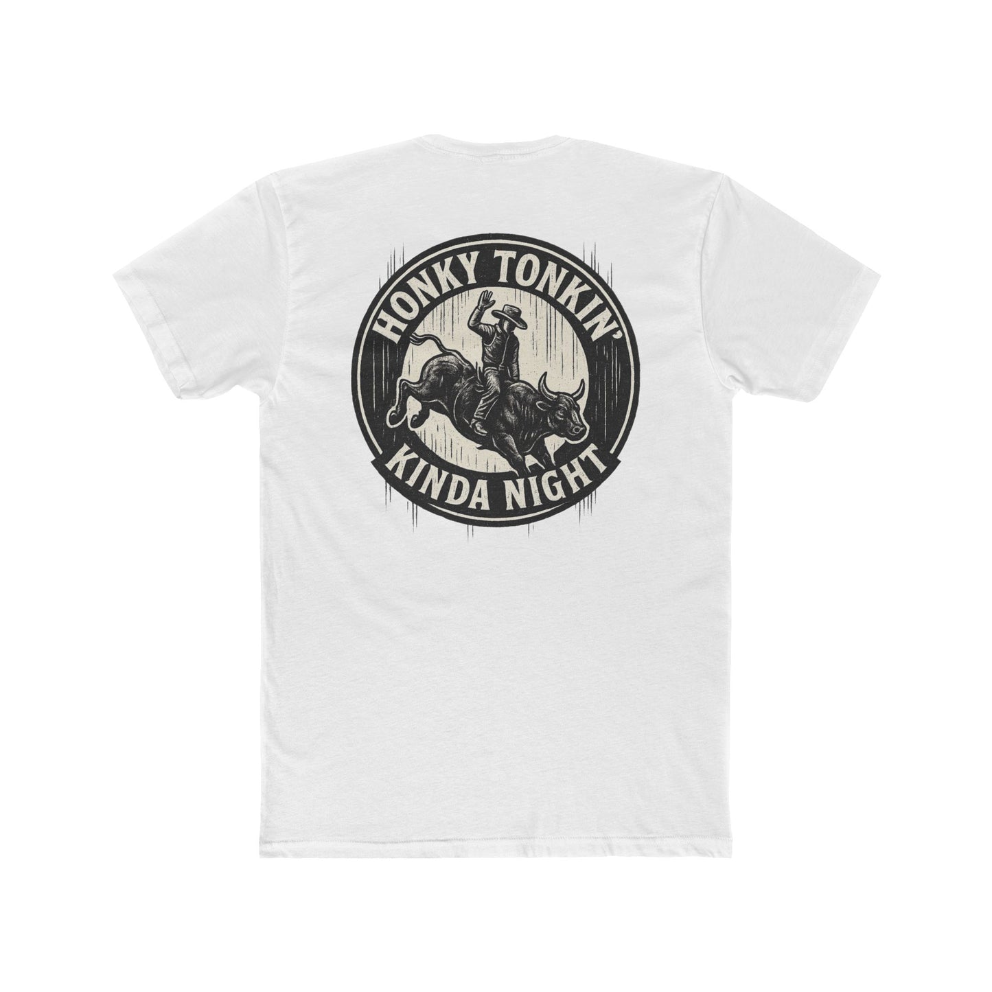 White t-shirt with circular graphic of a bucking bull with rider and the phrase honky tonkin' kind night #white