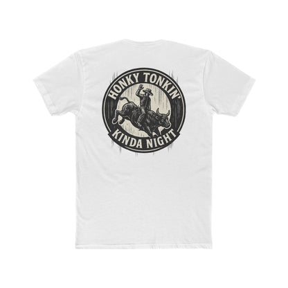 White t-shirt with circular graphic of a bucking bull with rider and the phrase honky tonkin' kind night #white