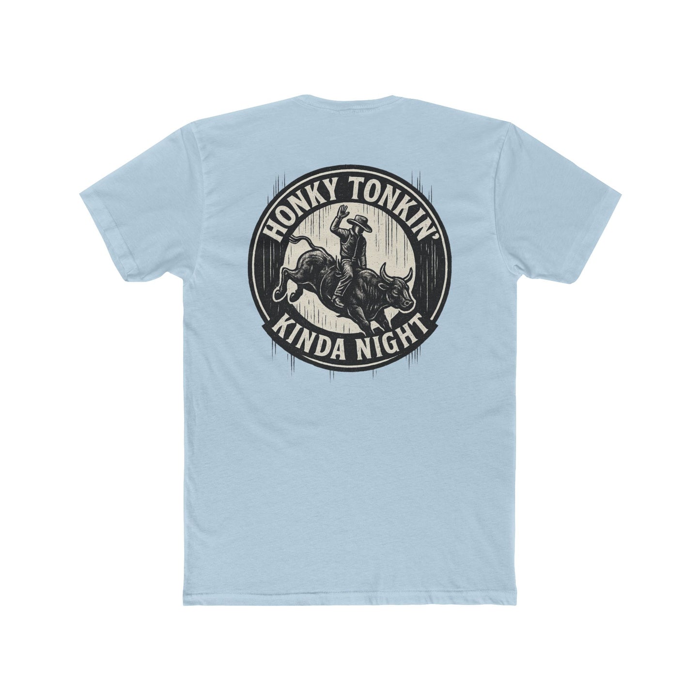 Light Blue t-shirt with circular graphic of a bucking bull with rider and the phrase honky tonkin' kind night #lightblue