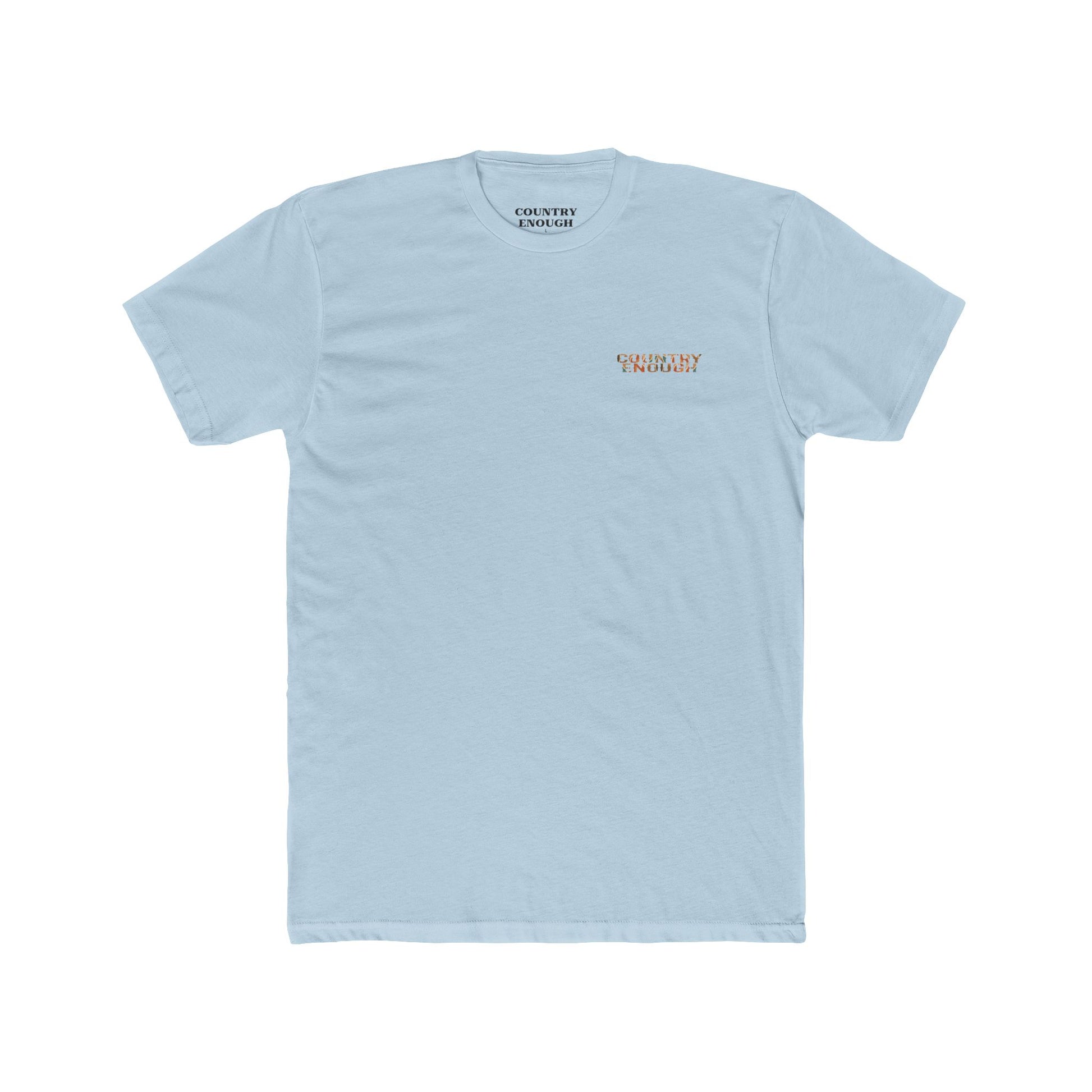Light Blue t-shirt with graphic of a campfire, bird, sun, cacti, and mountains in the desert with the words roam wide #lightblue