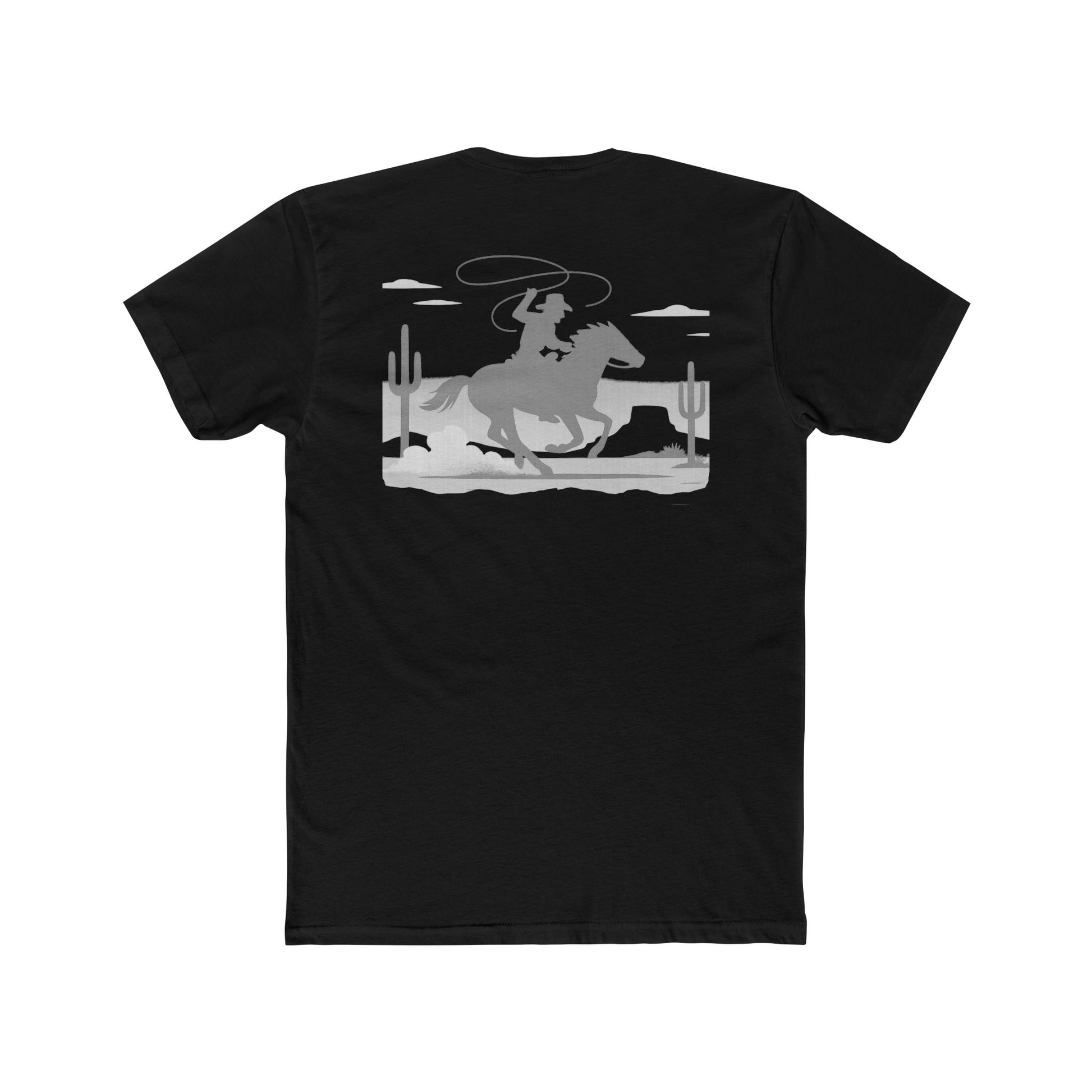 Black t-shirt with horse and rider swirling a lasso on desert landscape graphic #black