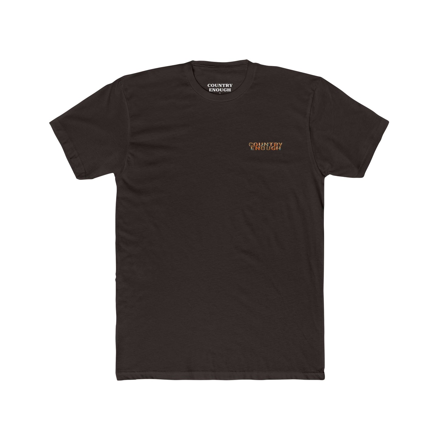 Dark Brown t-shirt with graphic of a campfire, bird, sun, cacti, and mountains in the desert with the words roam wide #darkbrown