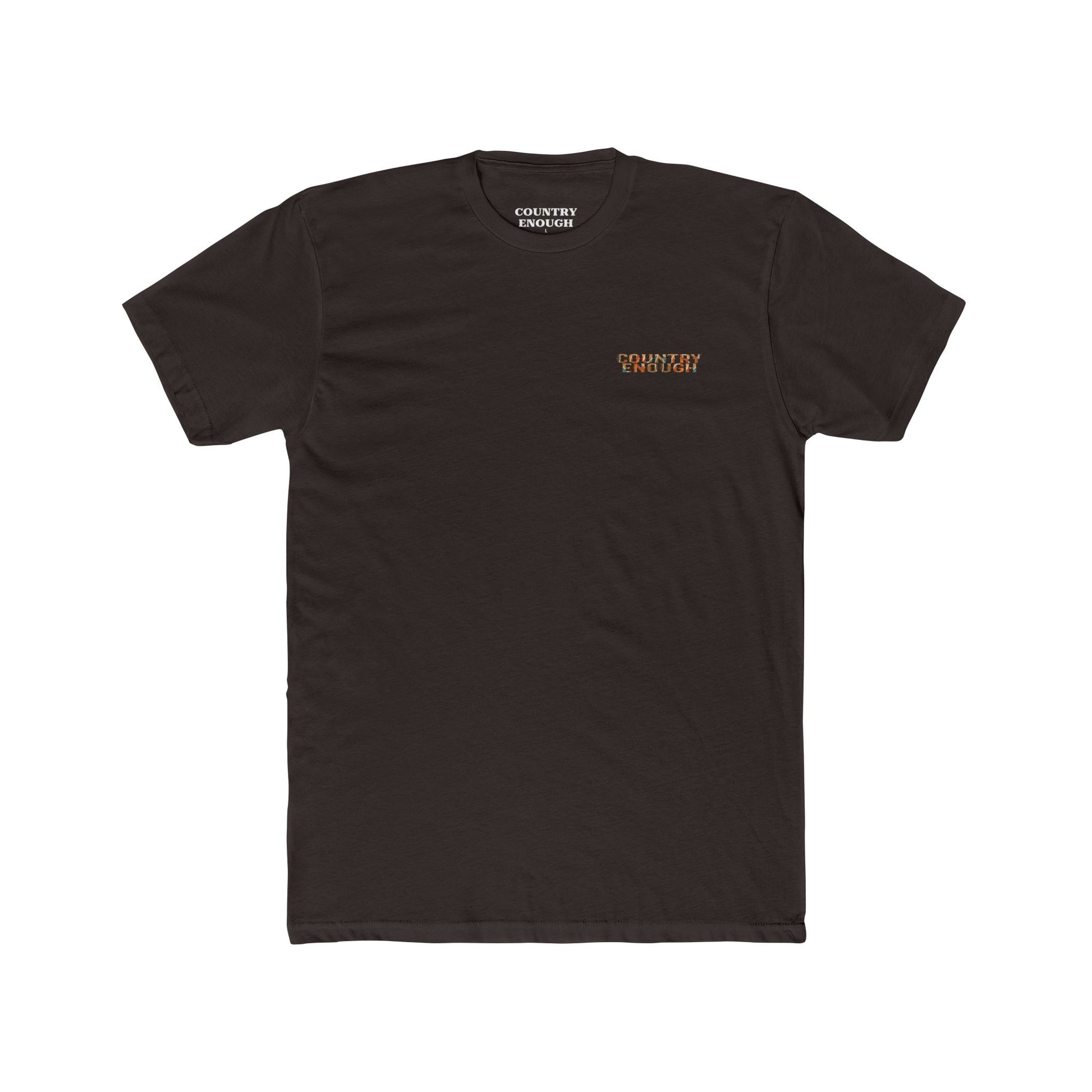 Dark Brown t-shirt with graphic of a campfire, bird, sun, cacti, and mountains in the desert with the words roam wide #darkbrown