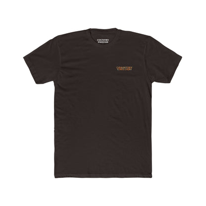 Dark Brown t-shirt with graphic of a campfire, bird, sun, cacti, and mountains in the desert with the words roam wide #darkbrown