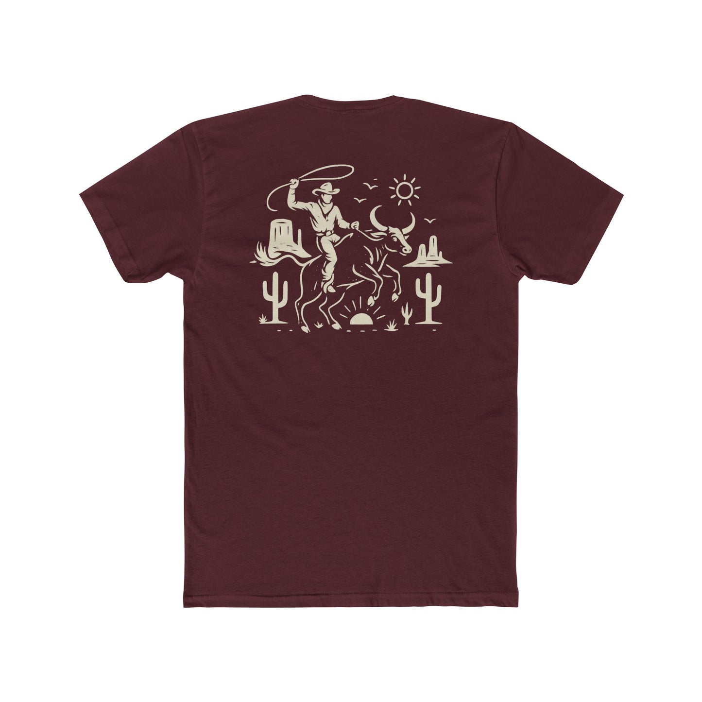 Maroon t-shirt with graphic of a cowboy lassoing on top of a bull in a desert landscape #maroon