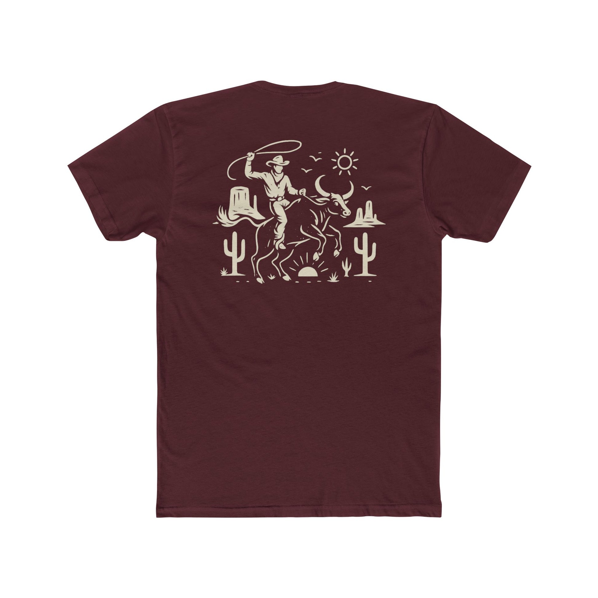 Maroon t-shirt with graphic of a cowboy lassoing on top of a bull in a desert landscape #maroon