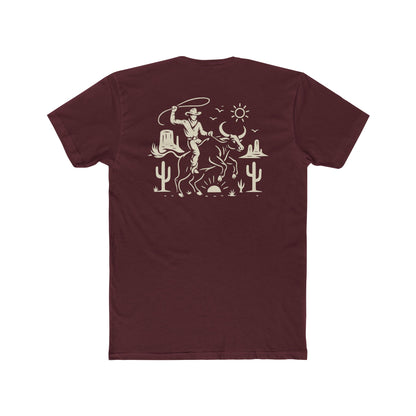 Maroon t-shirt with graphic of a cowboy lassoing on top of a bull in a desert landscape #maroon