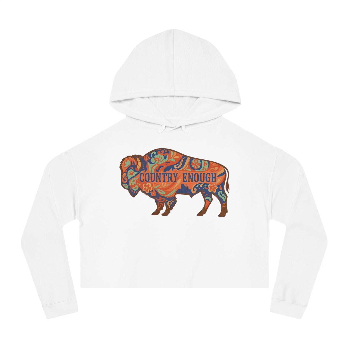 White crop hoodie with floral bison graphic and country enough text #white