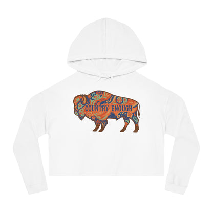 White crop hoodie with floral bison graphic and country enough text #white