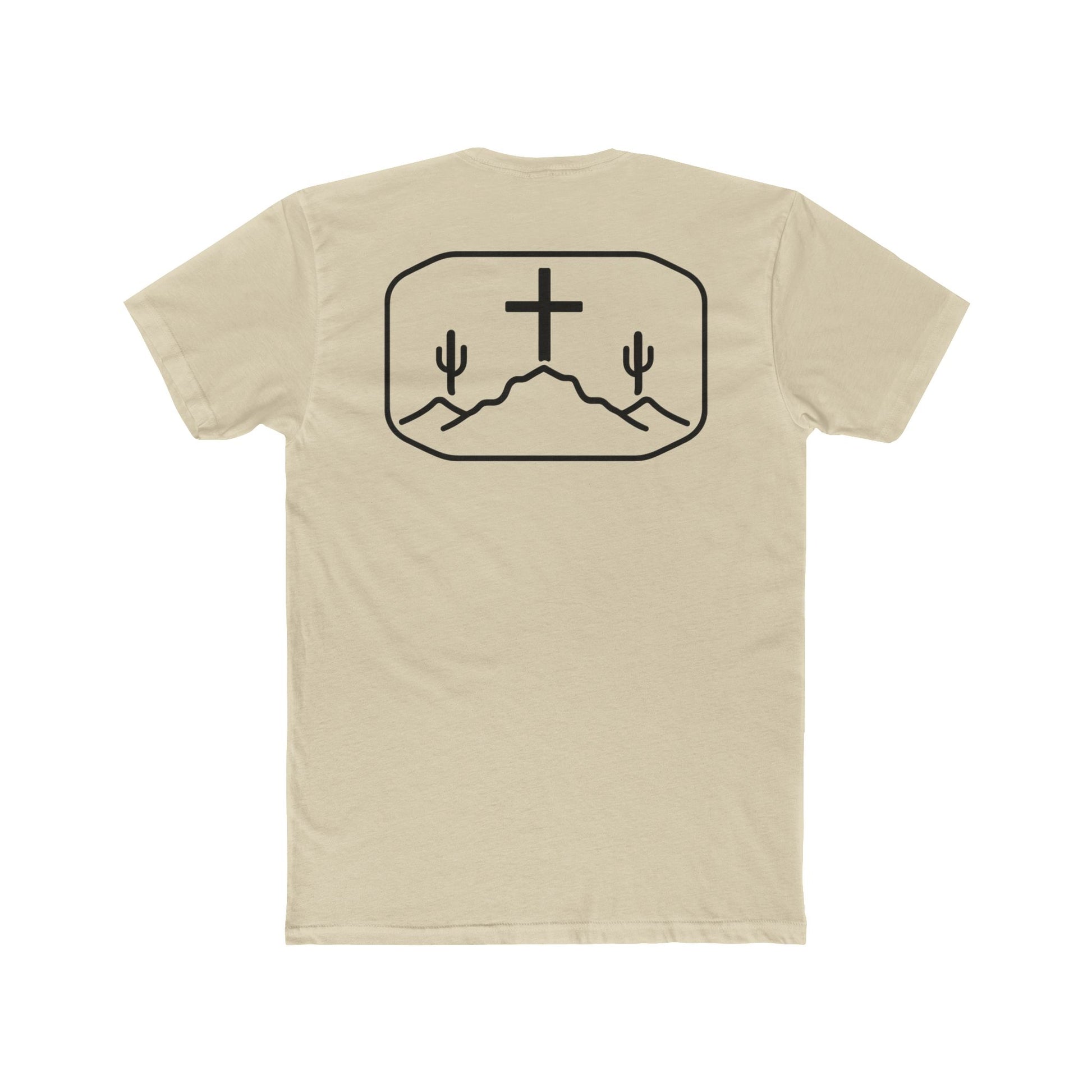 Cream t-shirt with cross, cacti, and mountains graphic #cream