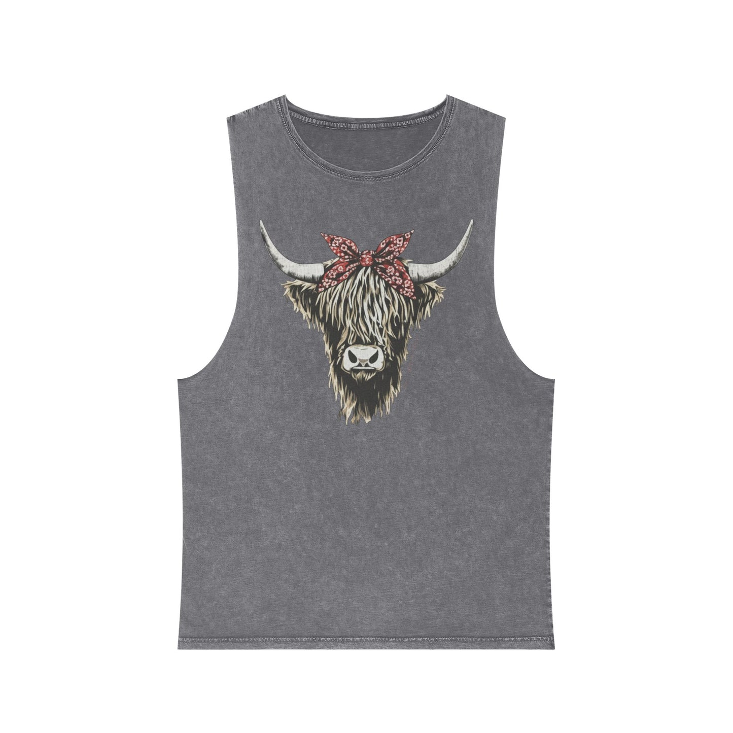 Ash Stone distressed washed tank top with a Highland cow in a red bandana bow graphic #ashstone