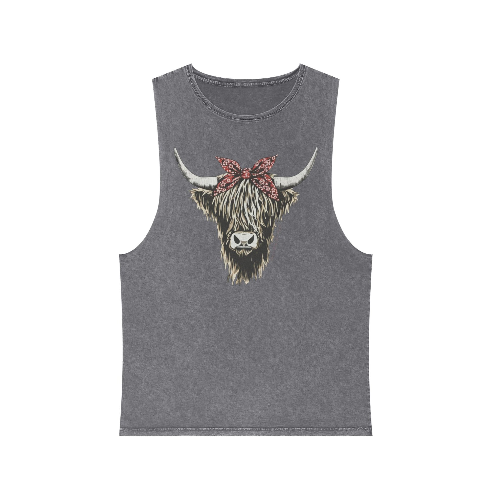 Ash Stone distressed washed tank top with a Highland cow in a red bandana bow graphic #ashstone