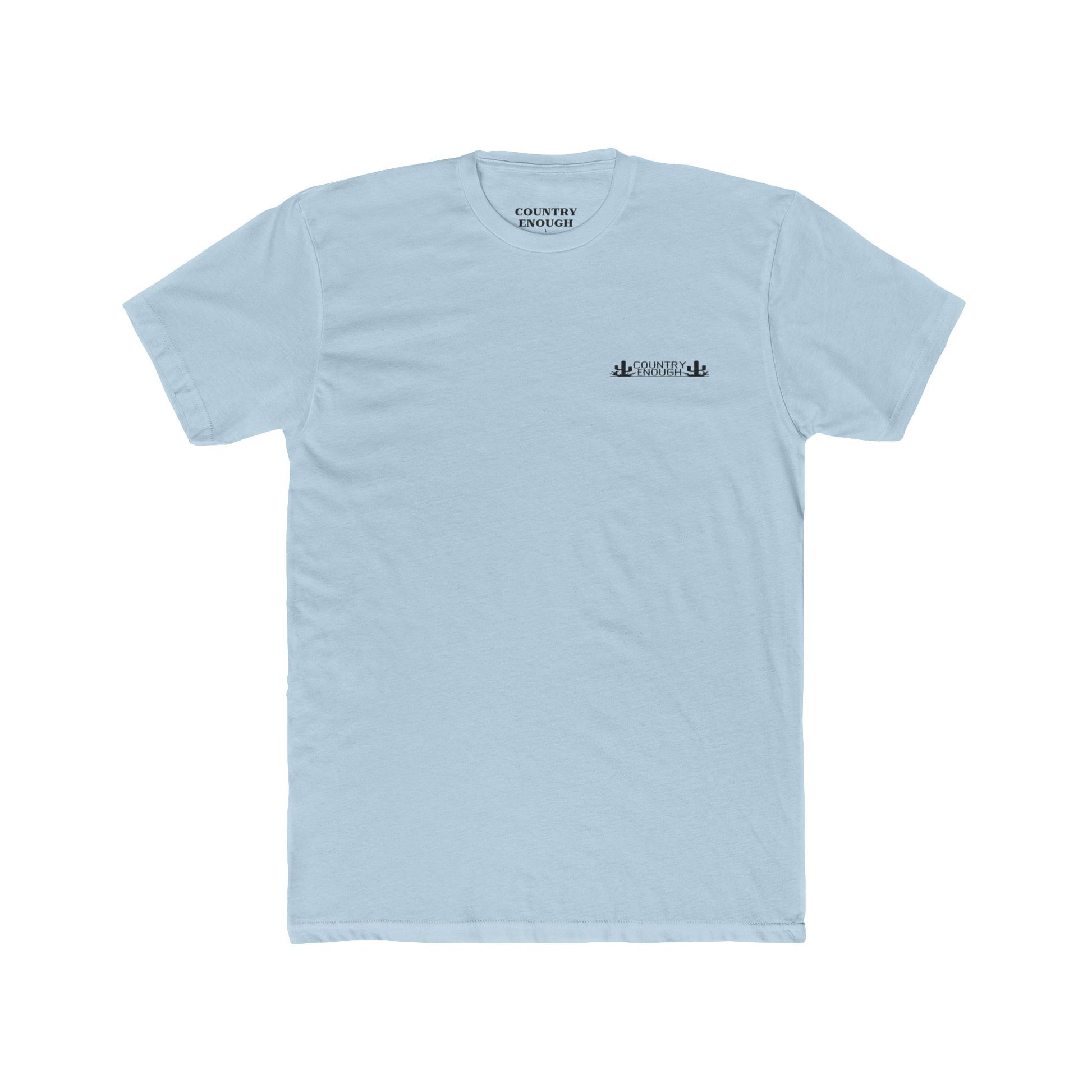 Light Blue t-shirt with mountain peaks, an open road, and desert cacti graphic #lightblue