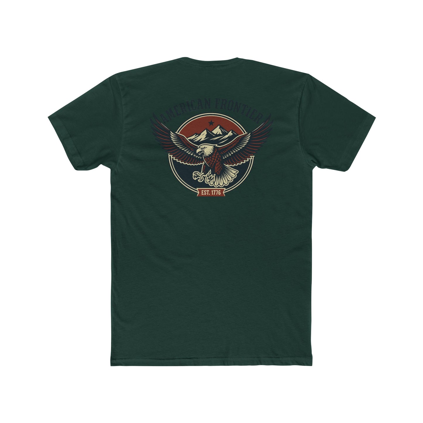 Forest Green t-shirt featuring graphic of an eagle, mountains, and the words American Frontier Est 1776 #forestgreen