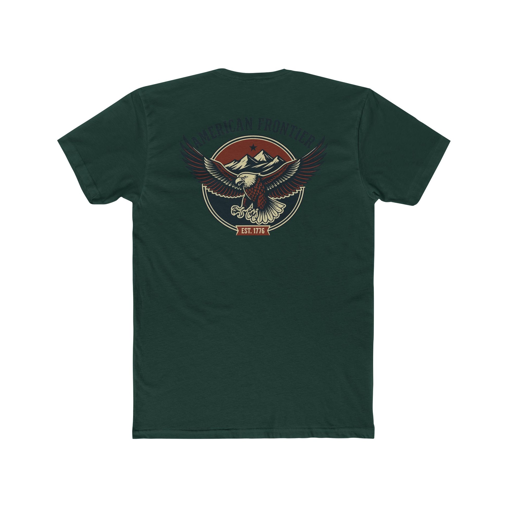 Forest Green t-shirt featuring graphic of an eagle, mountains, and the words American Frontier Est 1776 #forestgreen