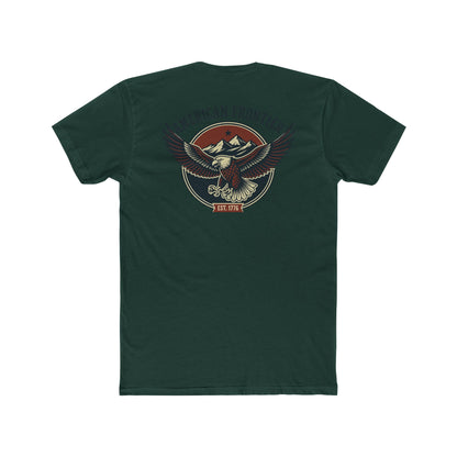 Forest Green t-shirt featuring graphic of an eagle, mountains, and the words American Frontier Est 1776 #forestgreen
