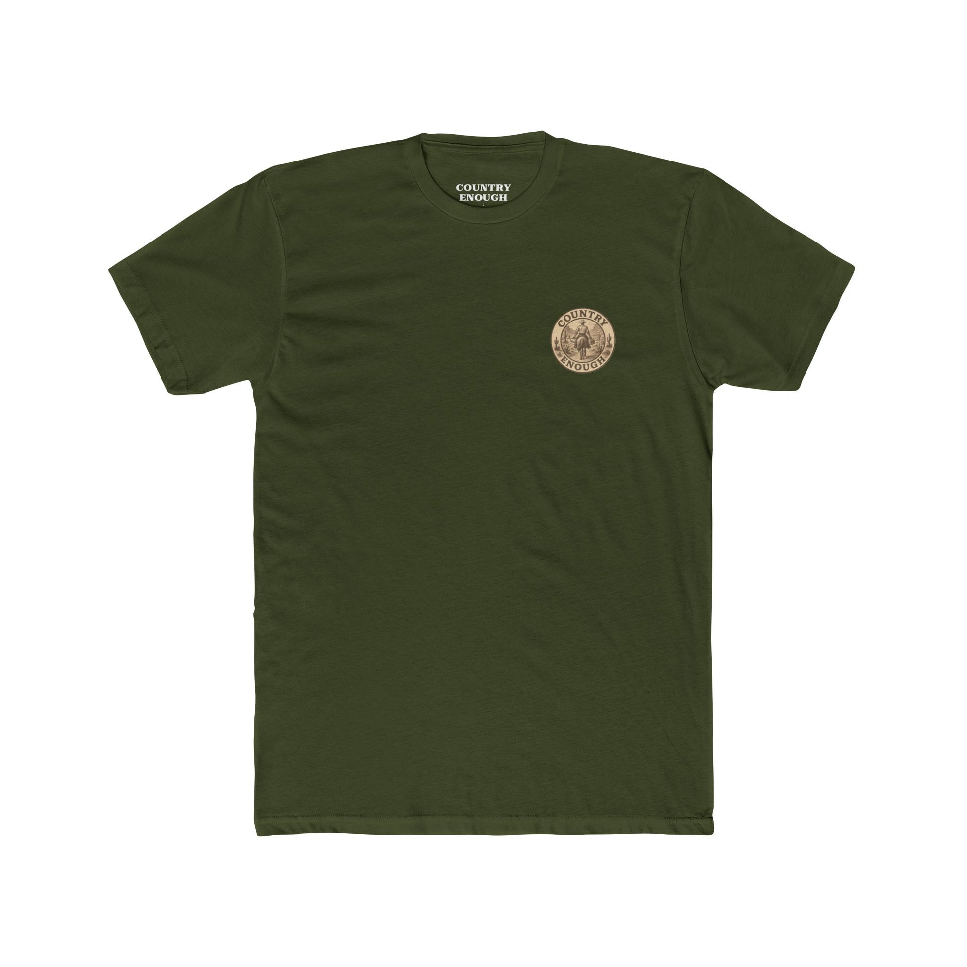 Military Green t-shirt with graphic of cowboy riding a horse through the desert holding two twelve packs of beer #militarygreen