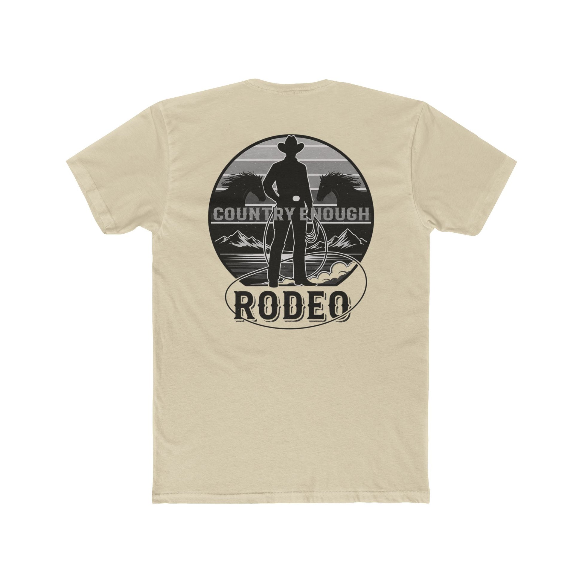 Cream t-shirt with words country enough and rodeo, a cowboy silhouette, horses, lasso and mountains #cream