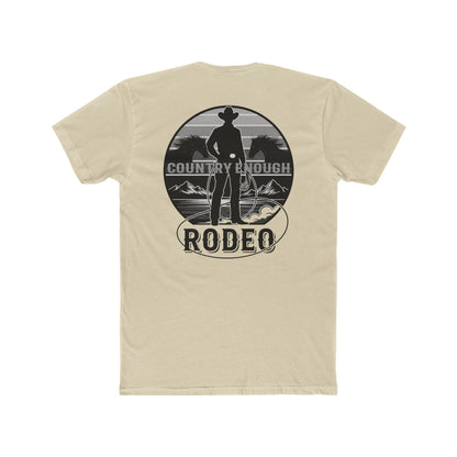 Cream t-shirt with words country enough and rodeo, a cowboy silhouette, horses, lasso and mountains #cream