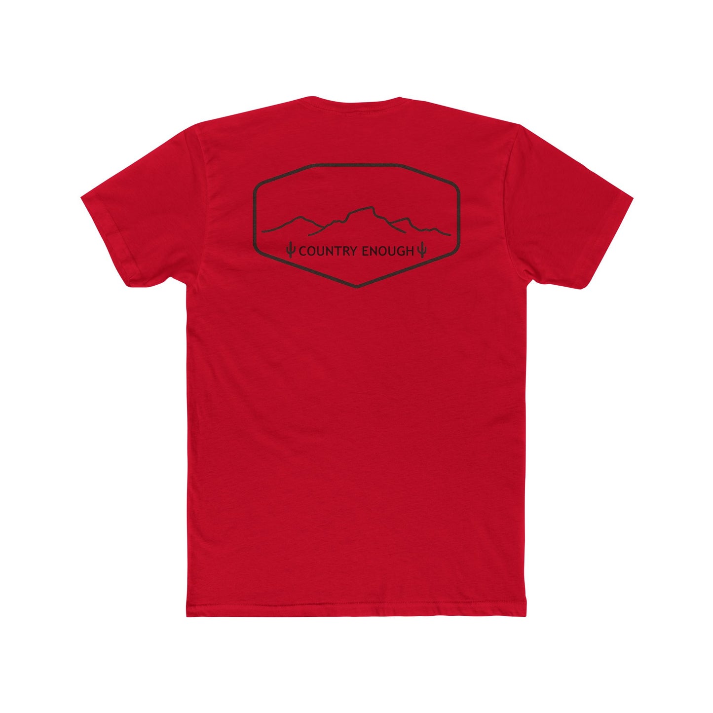 Red t-shirt with graphic of a line mountain drawing, cacti and the words Country Enough #red