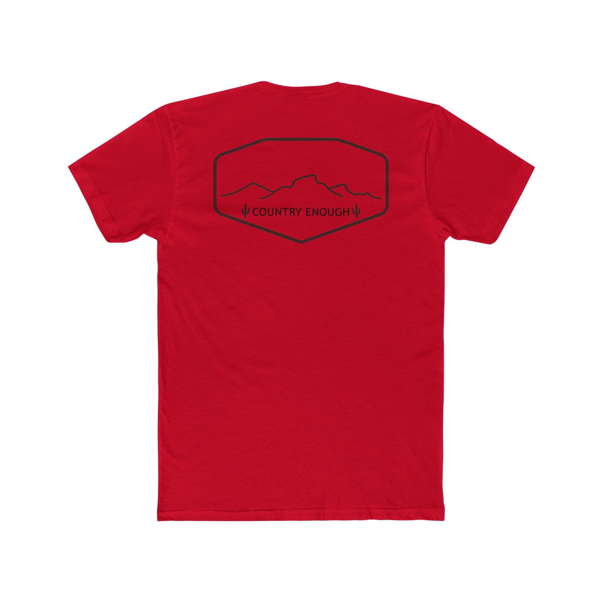 Red t-shirt with graphic of a line mountain drawing, cacti and the words Country Enough #red