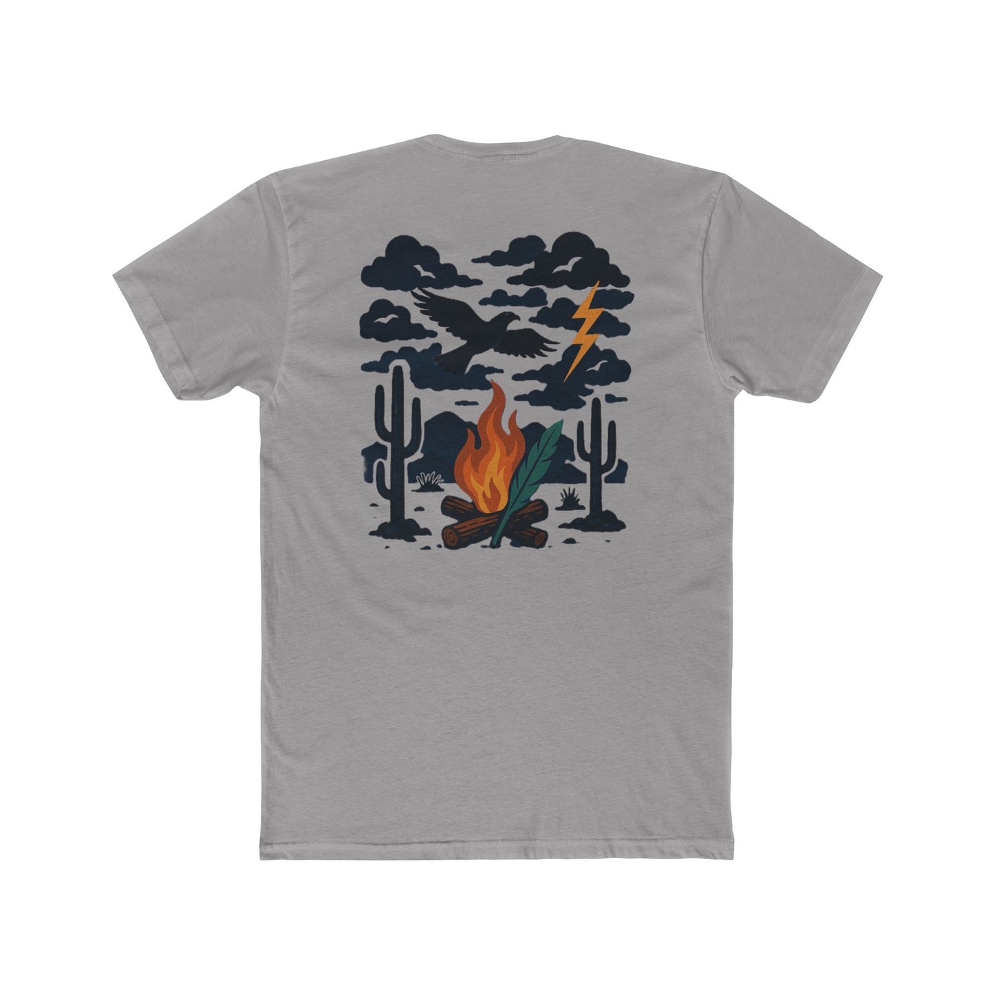 Gray t-shirt with graphic of clouds, lightning, bird, a campfire, cacti in a desert landscape #gray