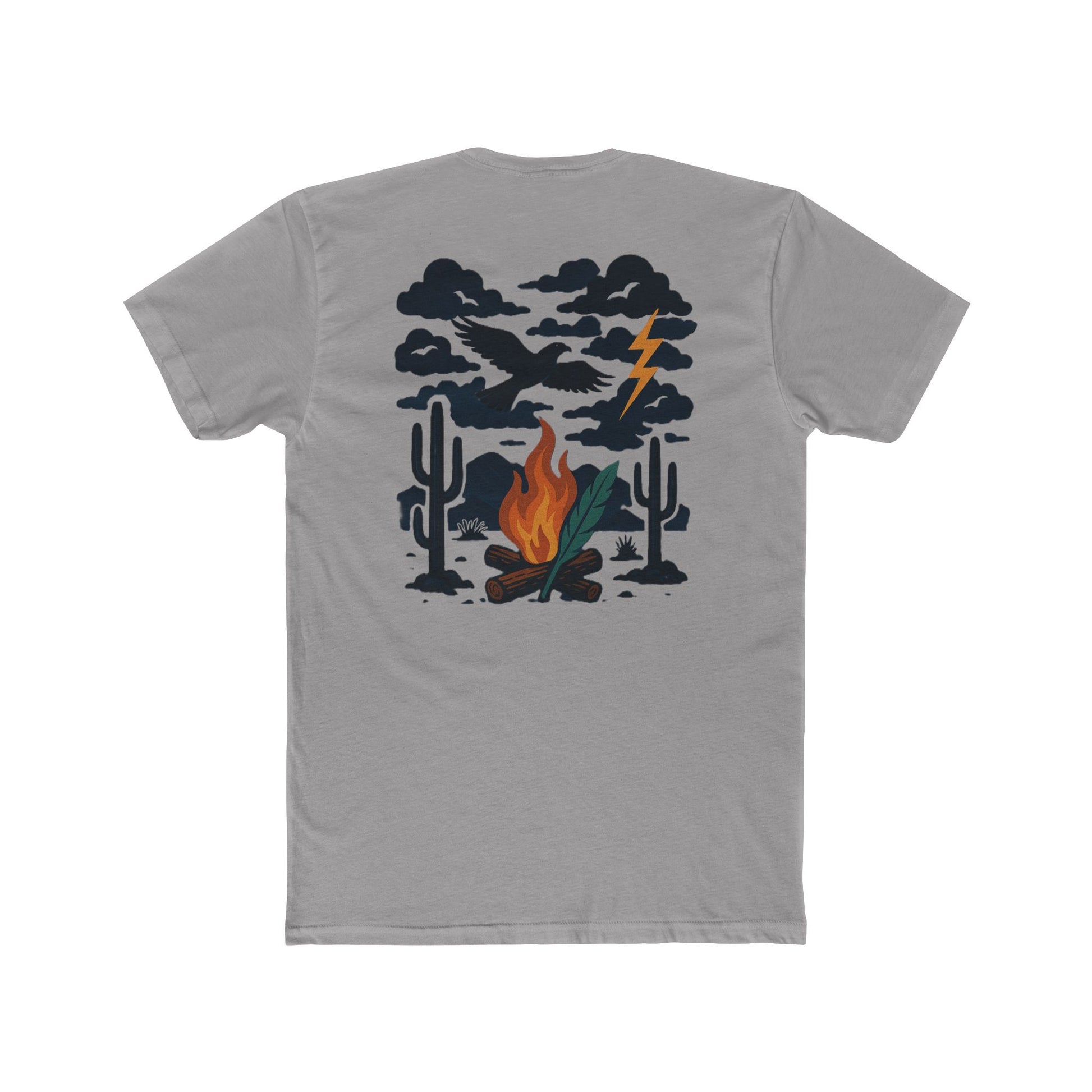 Gray t-shirt with graphic of clouds, lightning, bird, a campfire, cacti in a desert landscape #gray