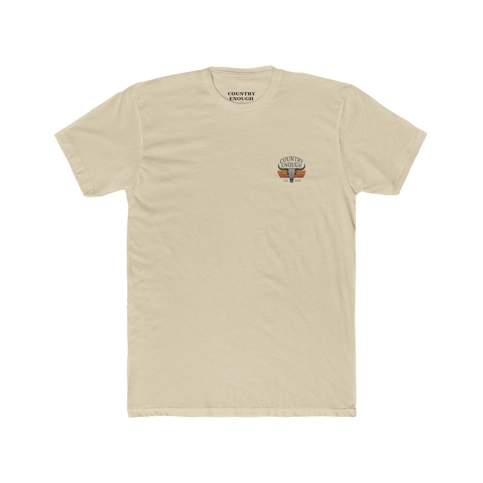 Cream t-shirt with vintage retro graphic of a bull skull and words country enough EST 2025 #cream