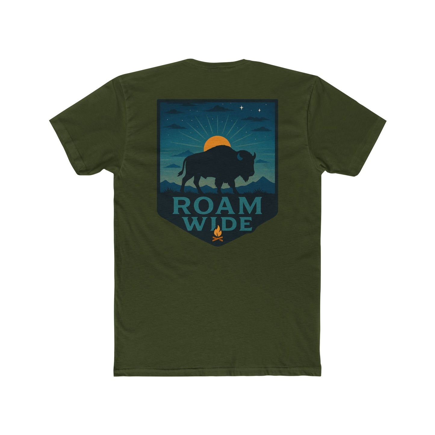 Military Green T-Shirt with graphic of bison, sun, mountains, and the words roam wide #militarygreen