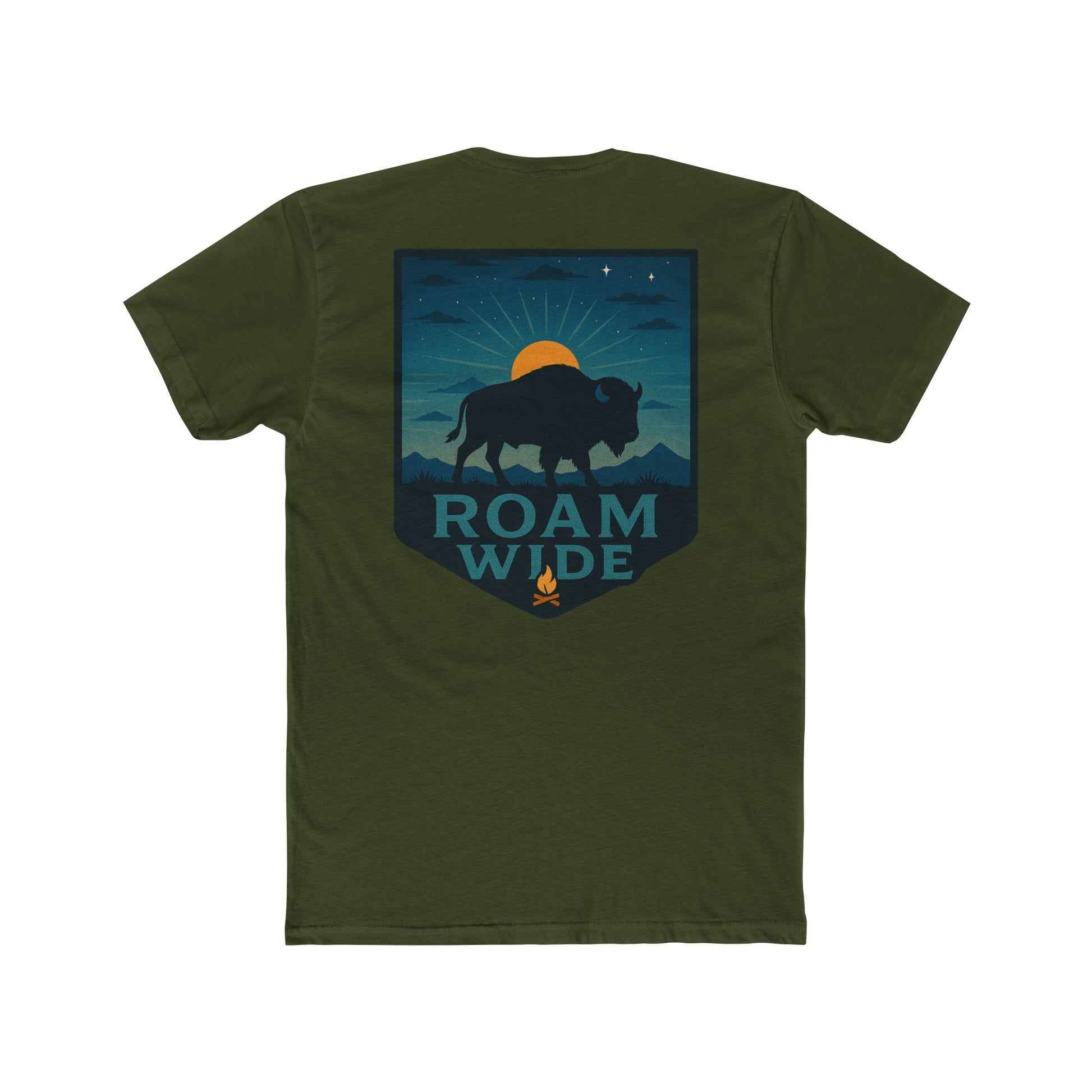 Military Green T-Shirt with graphic of bison, sun, mountains, and the words roam wide #militarygreen