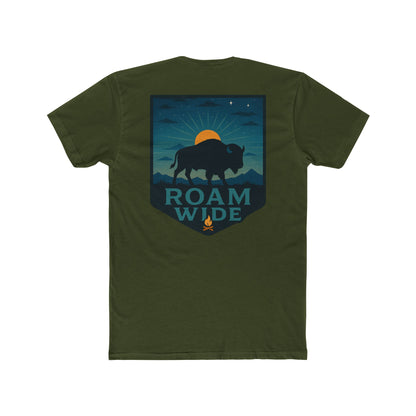 Military Green T-Shirt with graphic of bison, sun, mountains, and the words roam wide #militarygreen