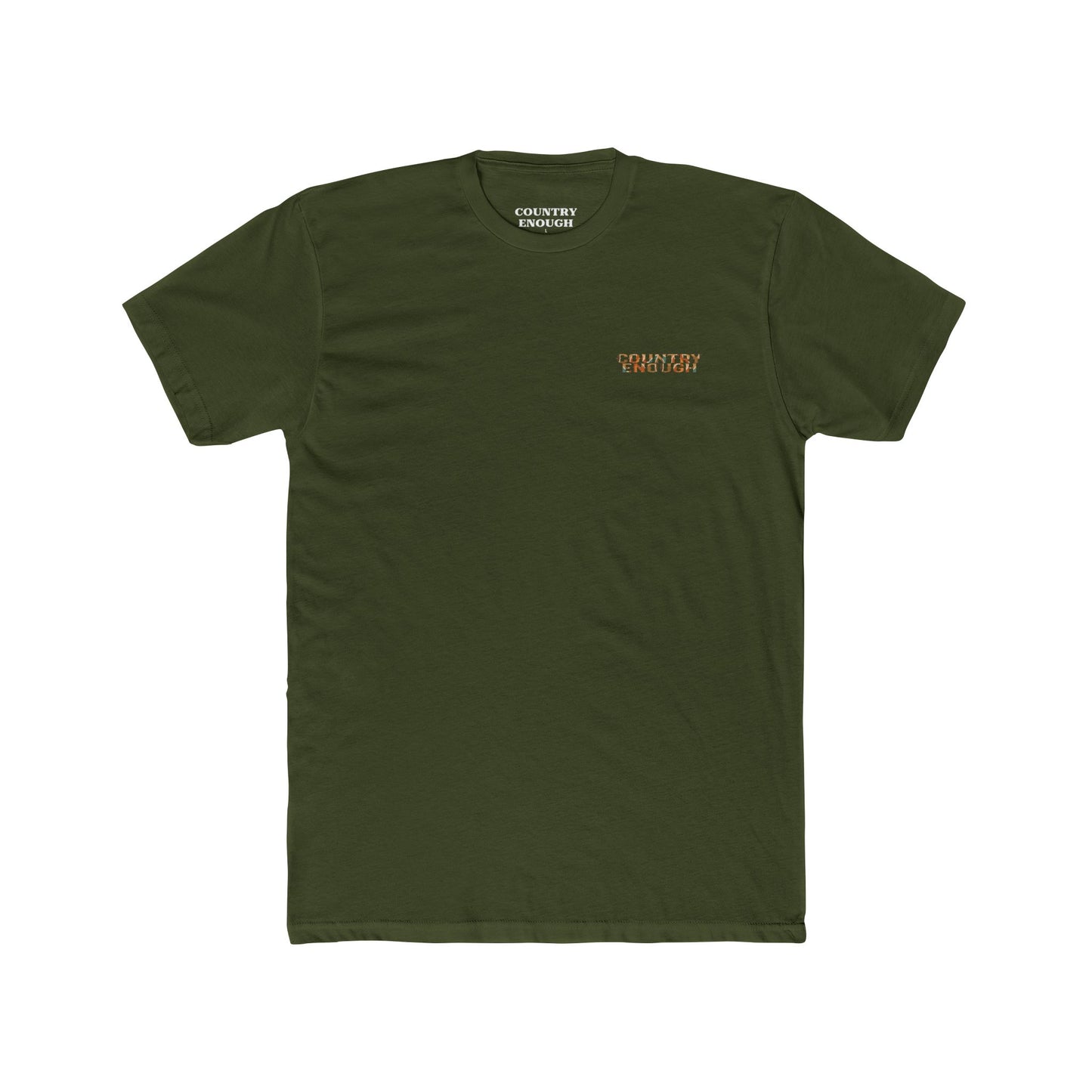 Military Green t-shirt with graphic of a campfire, bird, sun, cacti, and mountains in the desert with the words roam wide #militarygreen