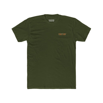Military Green t-shirt with graphic of a campfire, bird, sun, cacti, and mountains in the desert with the words roam wide #militarygreen