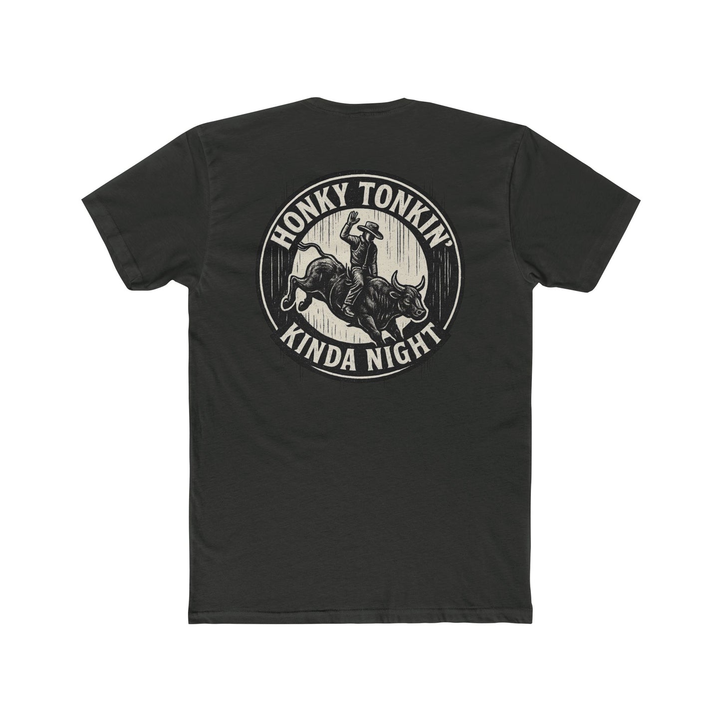 Vintage Black t-shirt with circular graphic of a bucking bull with rider and the phrase honky tonkin' kind night #vintageblack