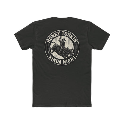 Vintage Black t-shirt with circular graphic of a bucking bull with rider and the phrase honky tonkin' kind night #vintageblack