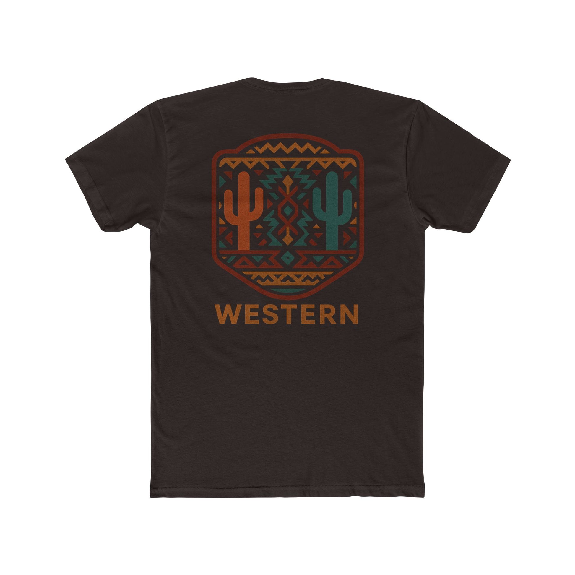 Dark Brown t-shirt with graphic of mirrored cacti surrounded by aztec pattern and enclosed in a geometric border with word western below #darkbrown