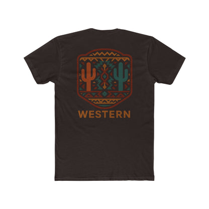 Dark Brown t-shirt with graphic of mirrored cacti surrounded by aztec pattern and enclosed in a geometric border with word western below #darkbrown