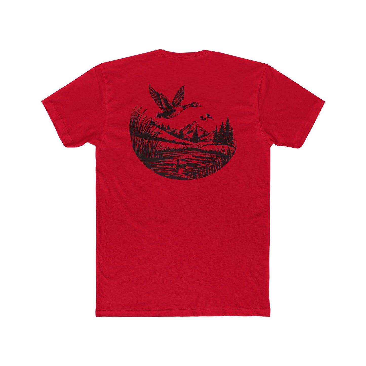 Red t-shirt with graphic of a duck, mountains, pine trees, and a lake #red