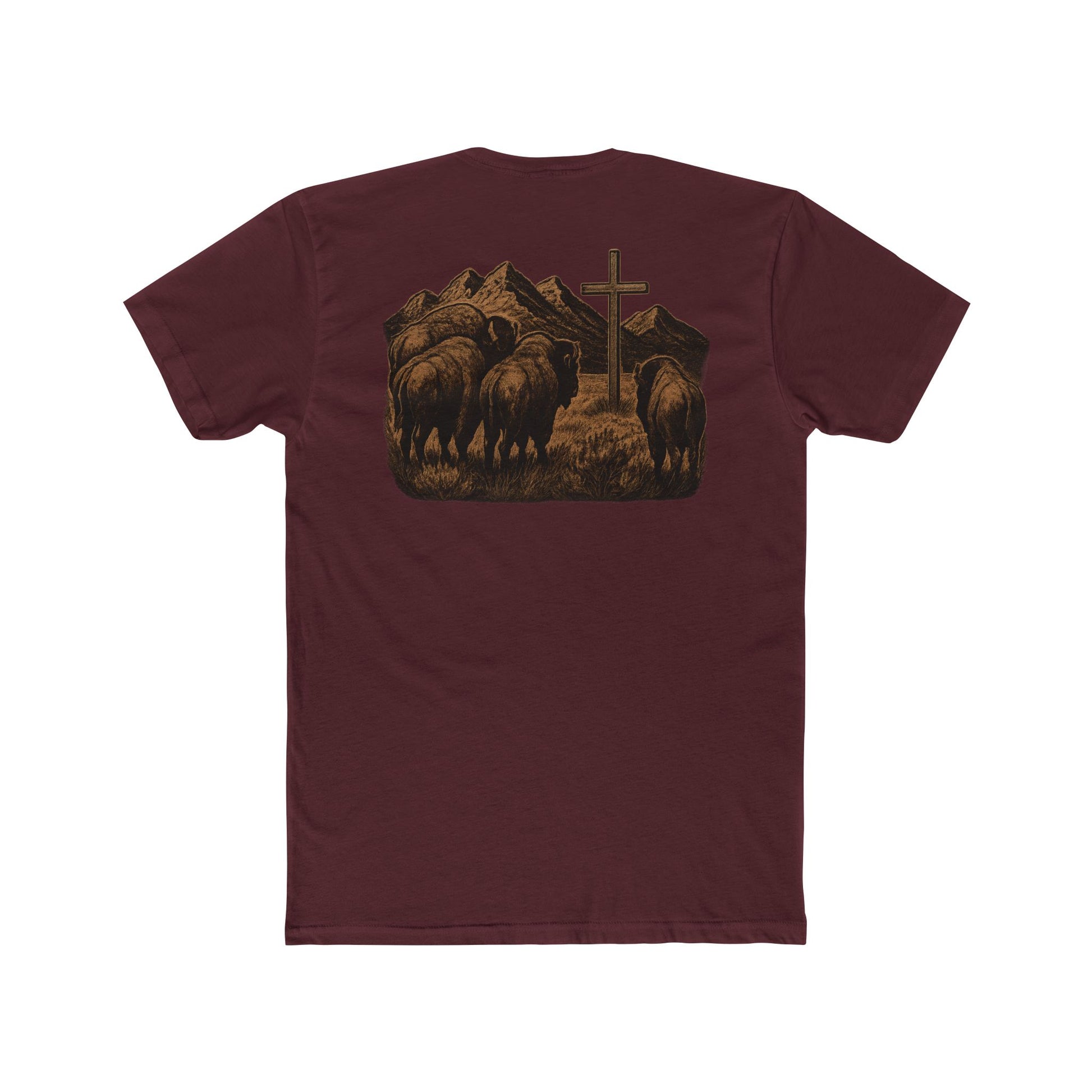 Cardinal Red t-shirt with bison staring at a cross on the plains by the mountains #cardinalred