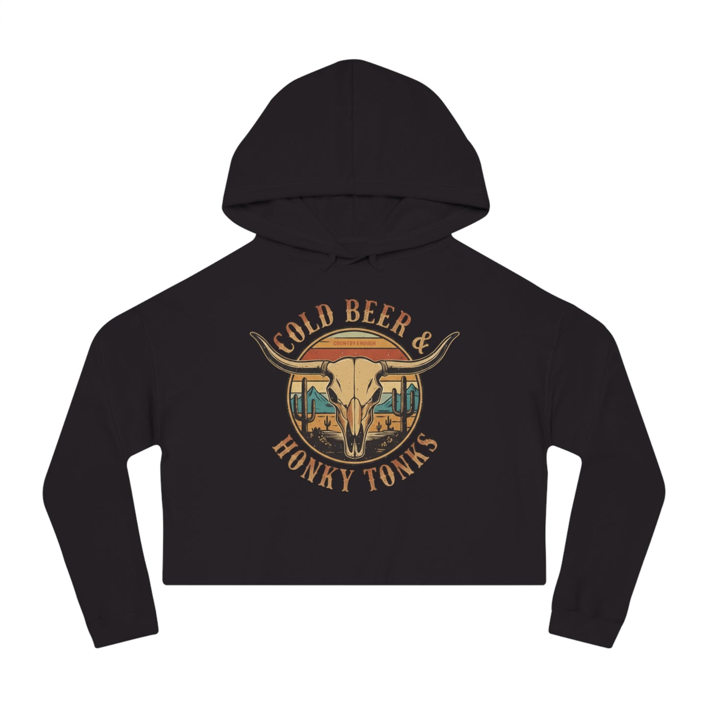 Black crop hoodie with graphic of longhorn, cacti, and mountains over a retro background with words cold beer and honky tonks #black