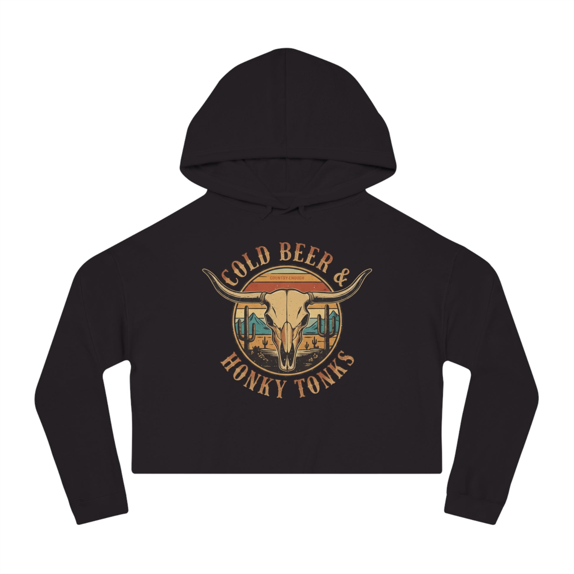 Black crop hoodie with graphic of longhorn, cacti, and mountains over a retro background with words cold beer and honky tonks #black