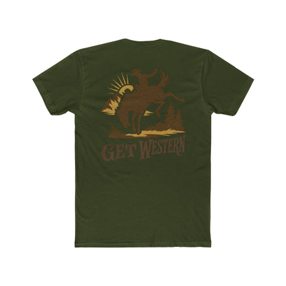 Military green t-shirt with graphic of bronc rider over mountains and sun with the words get western #militarygreen