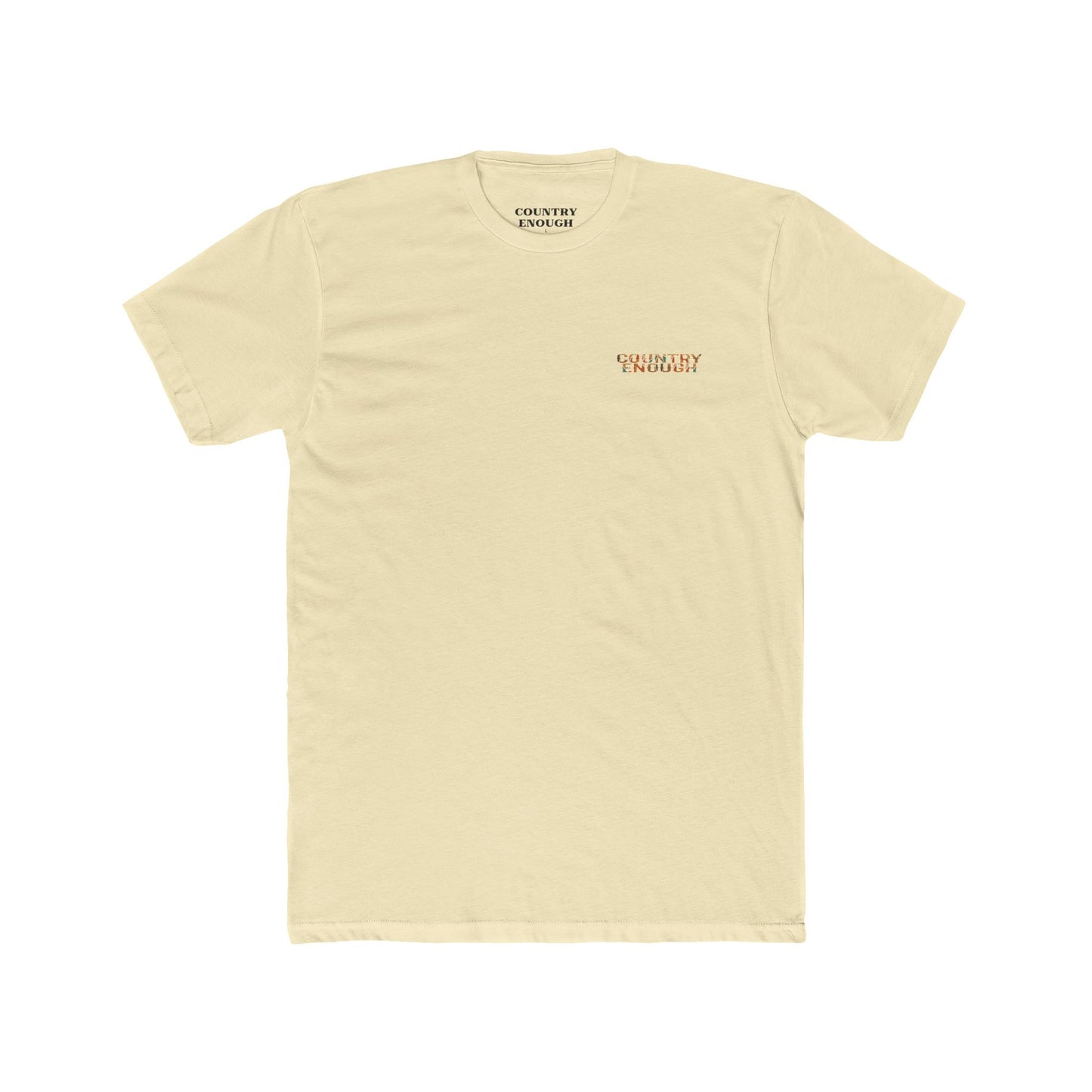 Natural t-shirt with graphic of a campfire, bird, sun, cacti, and mountains in the desert with the words roam wide #natural