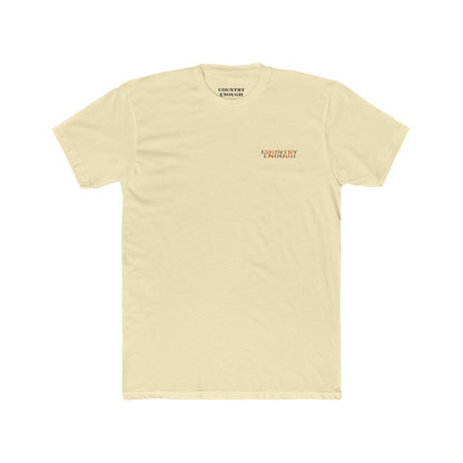 Natural t-shirt with graphic of a campfire, bird, sun, cacti, and mountains in the desert with the words roam wide #natural