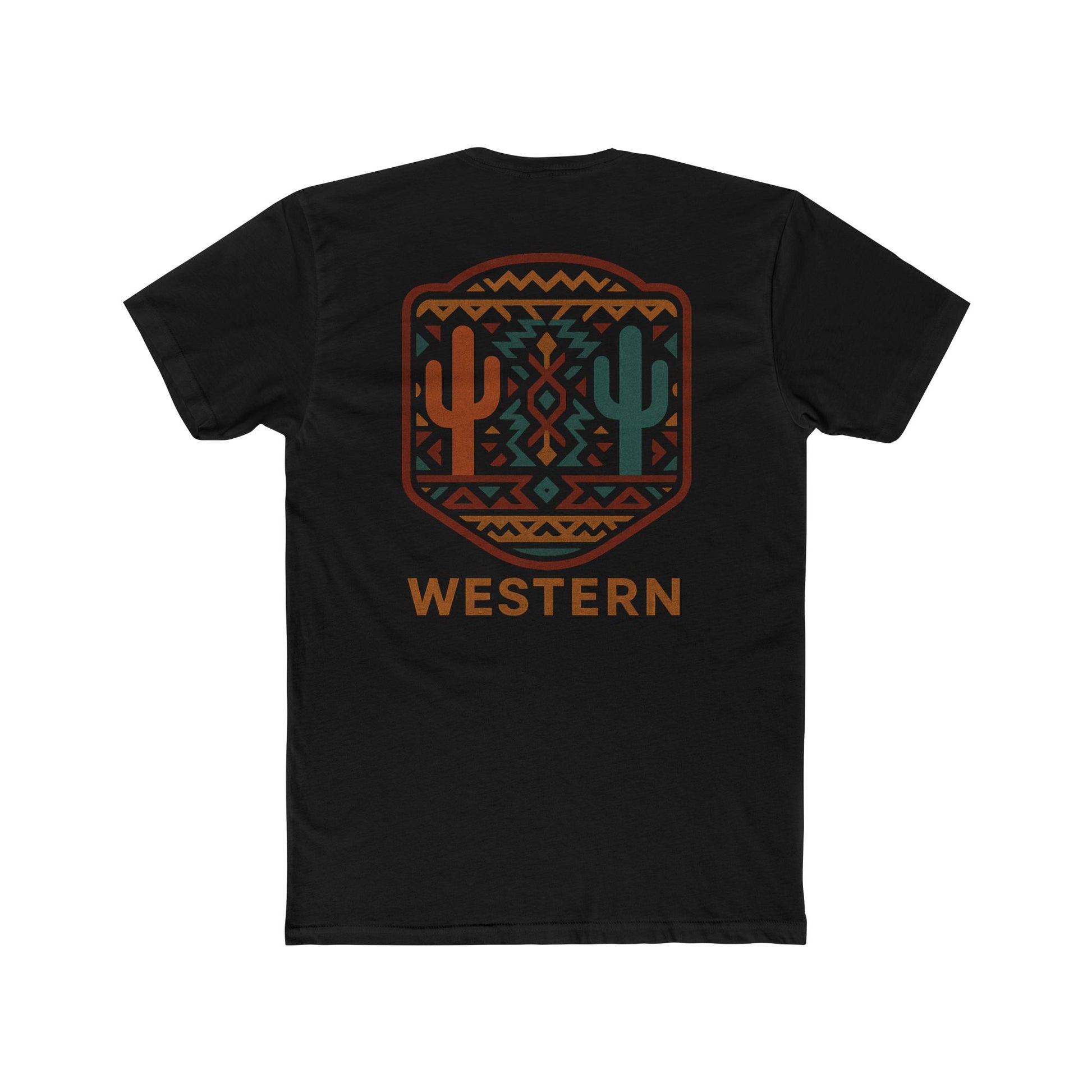 Black t-shirt with graphic of mirrored cacti surrounded by aztec pattern and enclosed in a geometric border with word western below #black