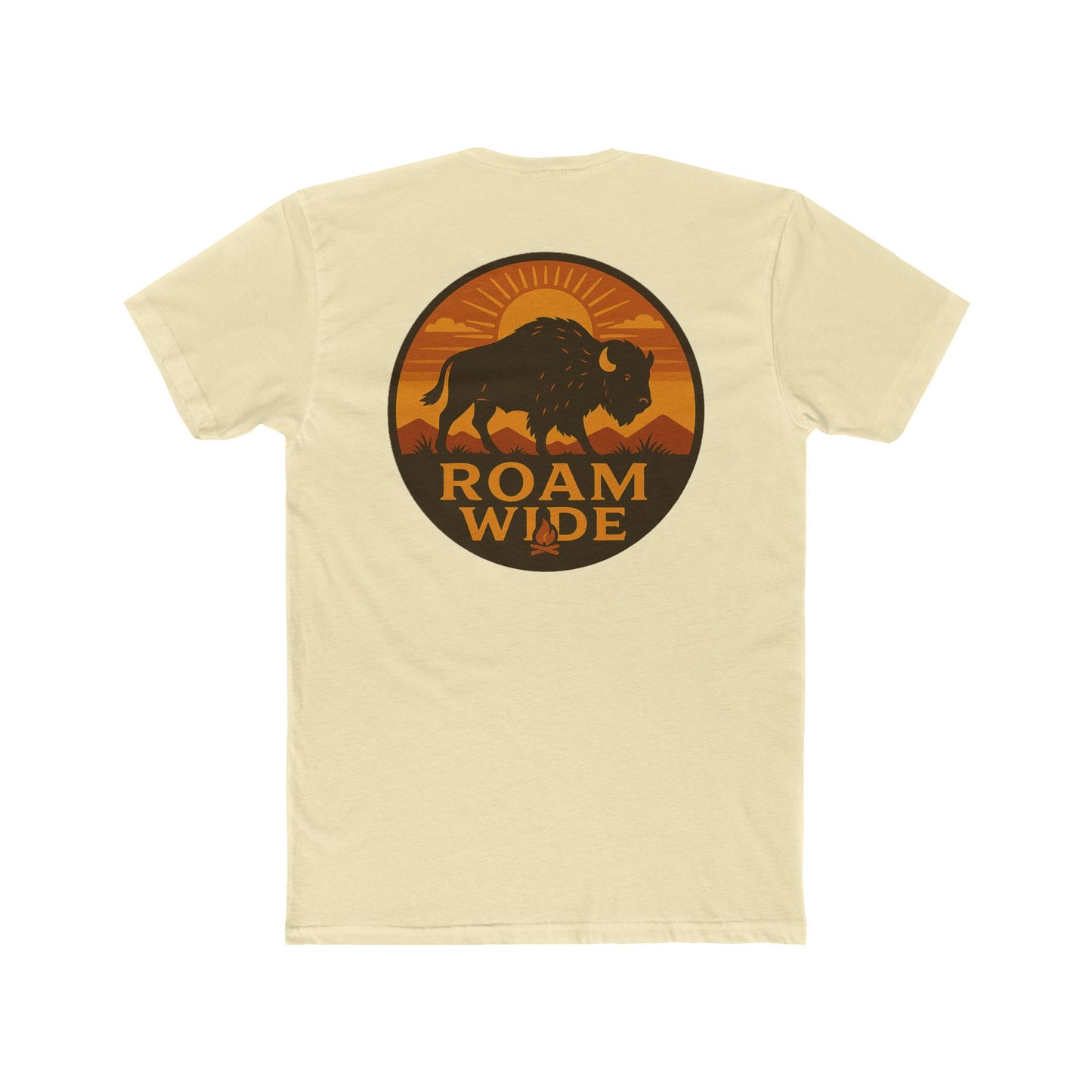 Natural t-shirt with circular graphic with a bison, mountains, campfire, sun shining, and the words roam wide #natural