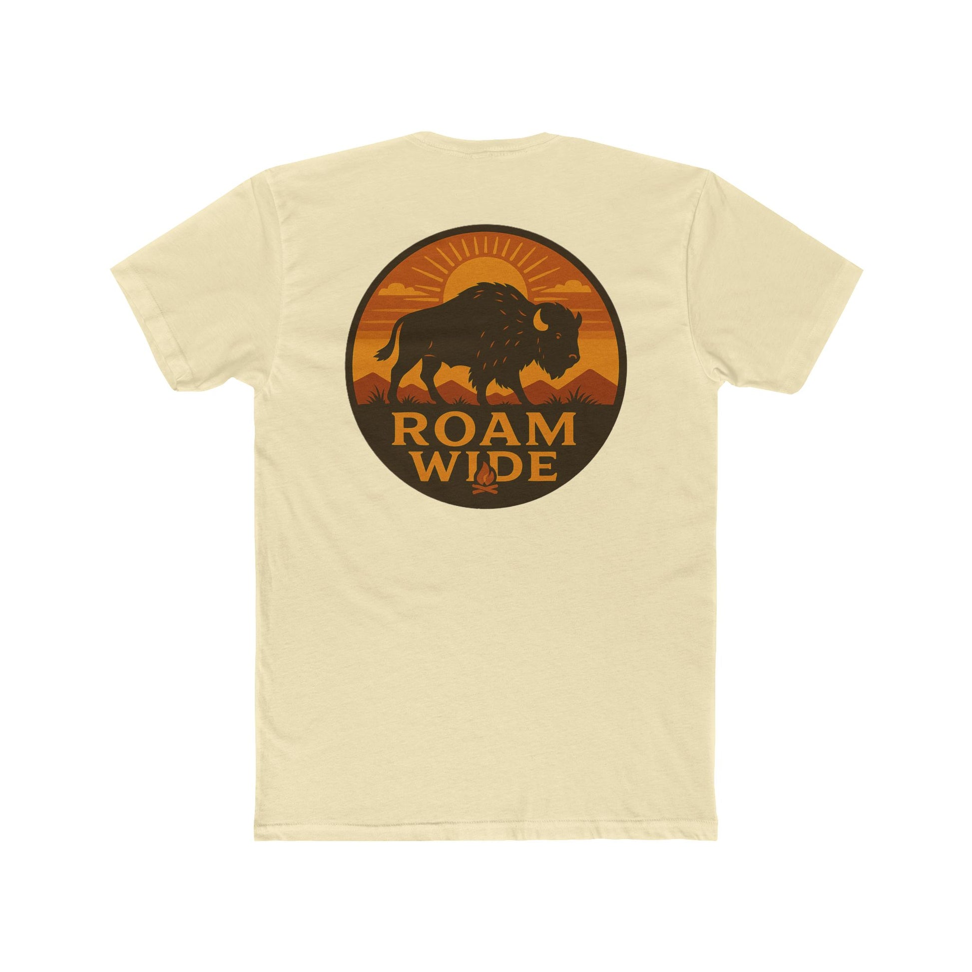 Natural t-shirt with circular graphic with a bison, mountains, campfire, sun shining, and the words roam wide #natural