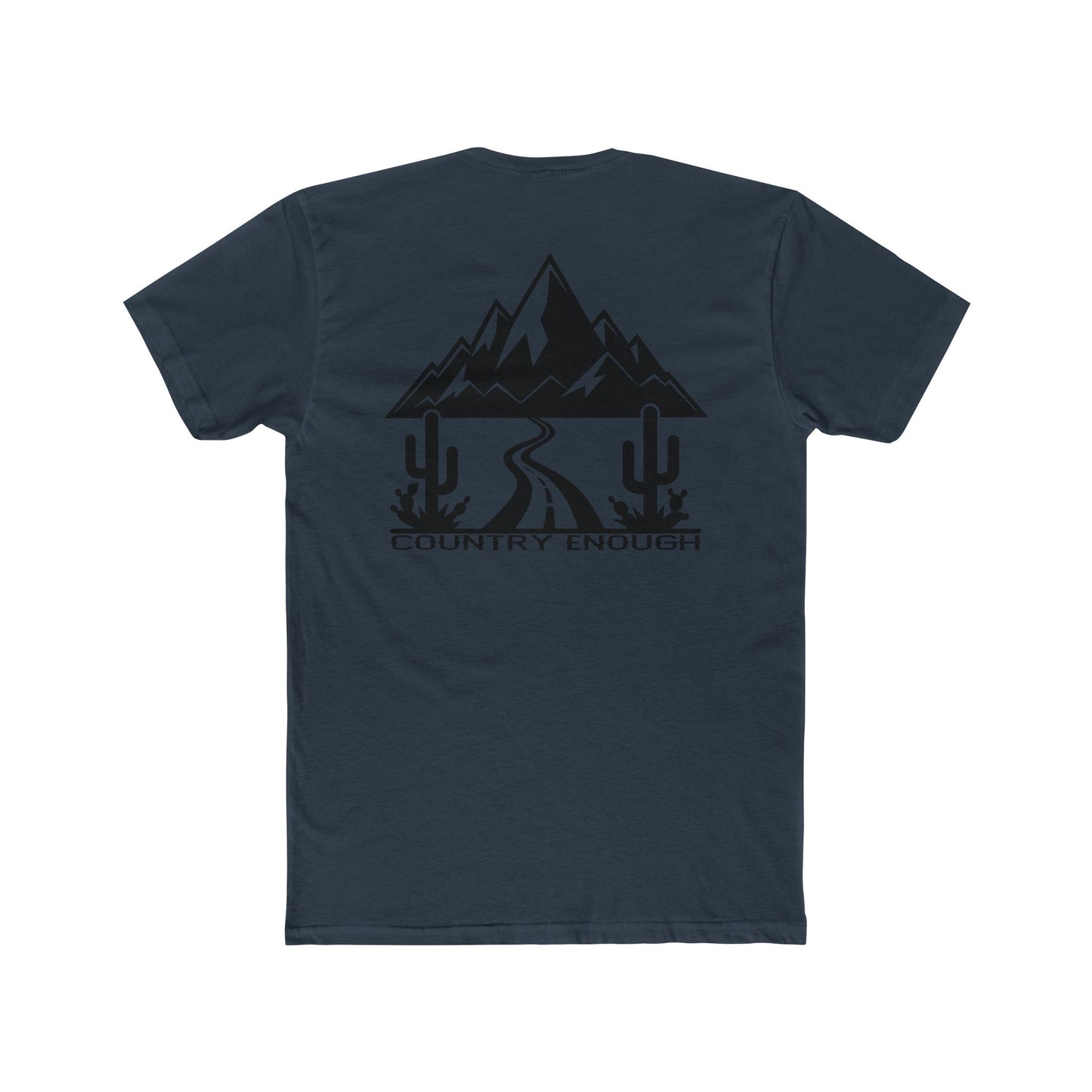 Indigo t-shirt with mountain peaks, an open road, and desert cacti graphic #indigo