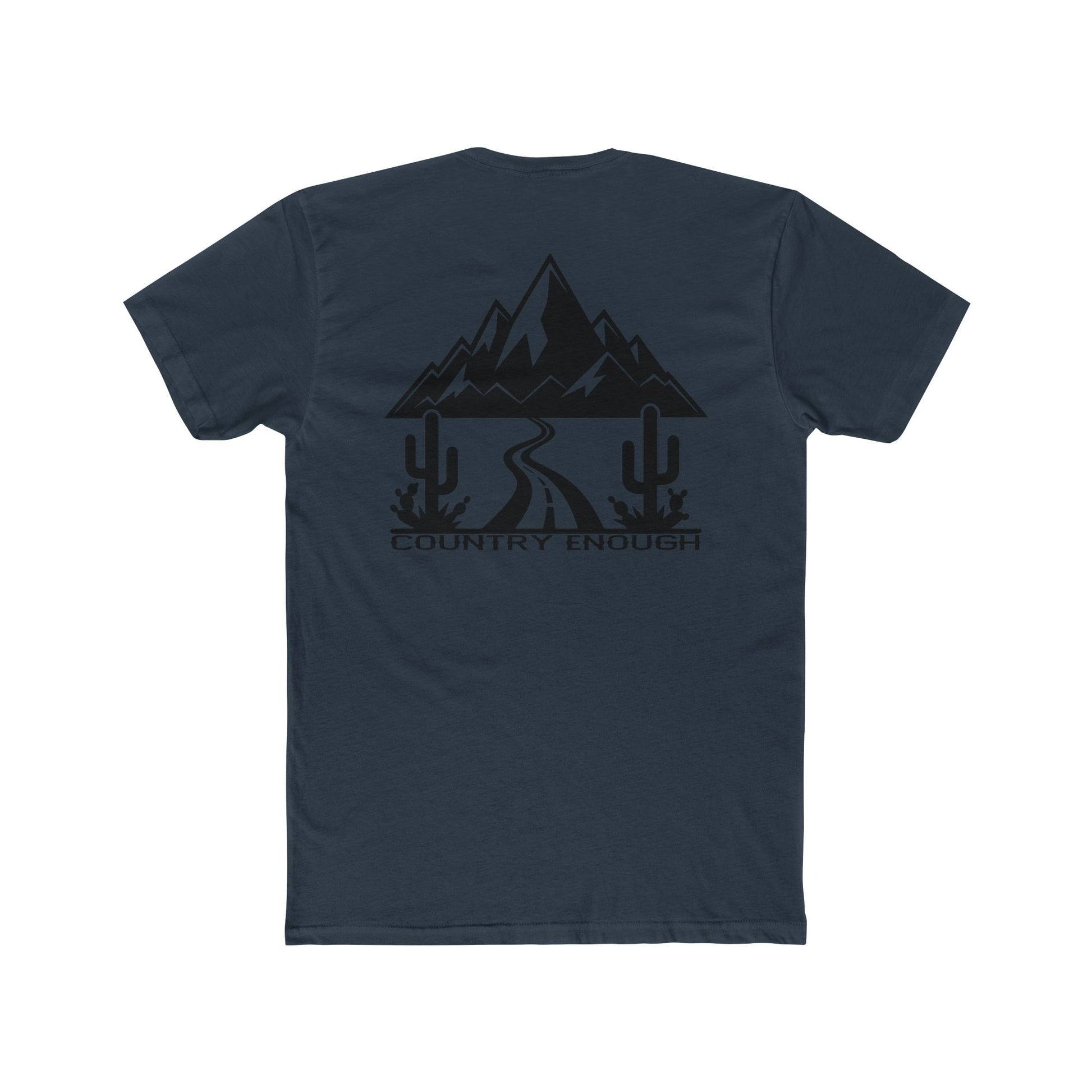 Indigo t-shirt with mountain peaks, an open road, and desert cacti graphic #indigo
