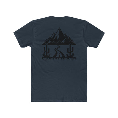 Indigo t-shirt with mountain peaks, an open road, and desert cacti graphic #indigo